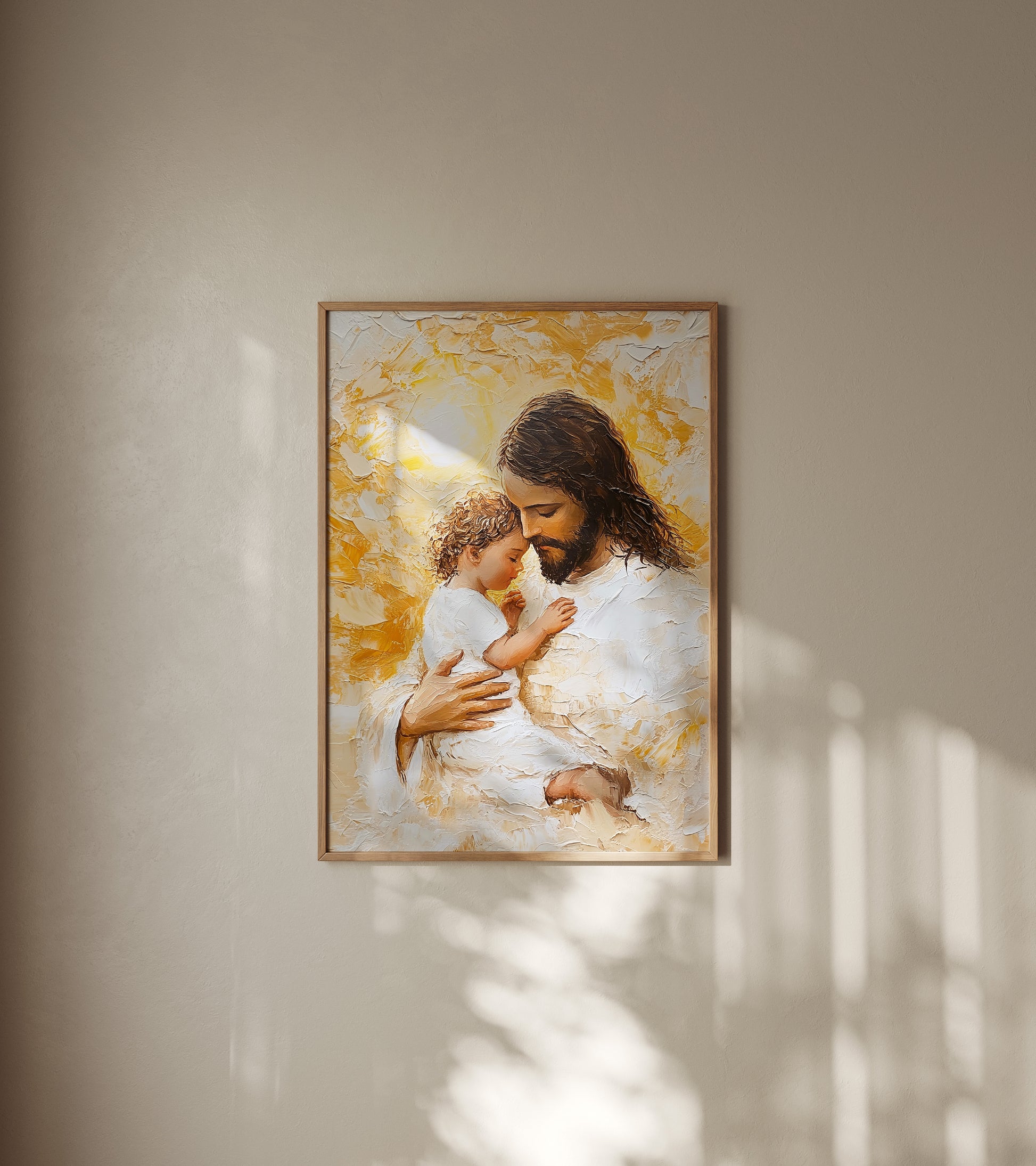 Heavenly Christian artwork depicting Jesus holding a child, created with expressive impasto strokes and a soft, radiant glow symbolizing love and safety.