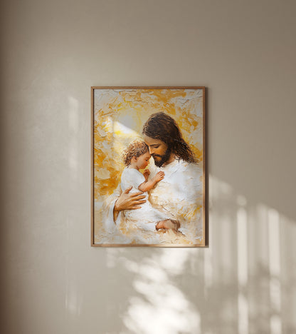 Heavenly Christian artwork depicting Jesus holding a child, created with expressive impasto strokes and a soft, radiant glow symbolizing love and safety.