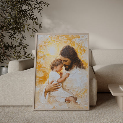 Modern Christian painting of Jesus holding a child, created with thick impasto texture, warm golden tones, and a tender atmosphere of love and protection.