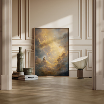 Contemporary spiritual impressionist painting of Jesus in heaven, seated on a cloud with radiant light and blurred edges that evoke peace and eternity.