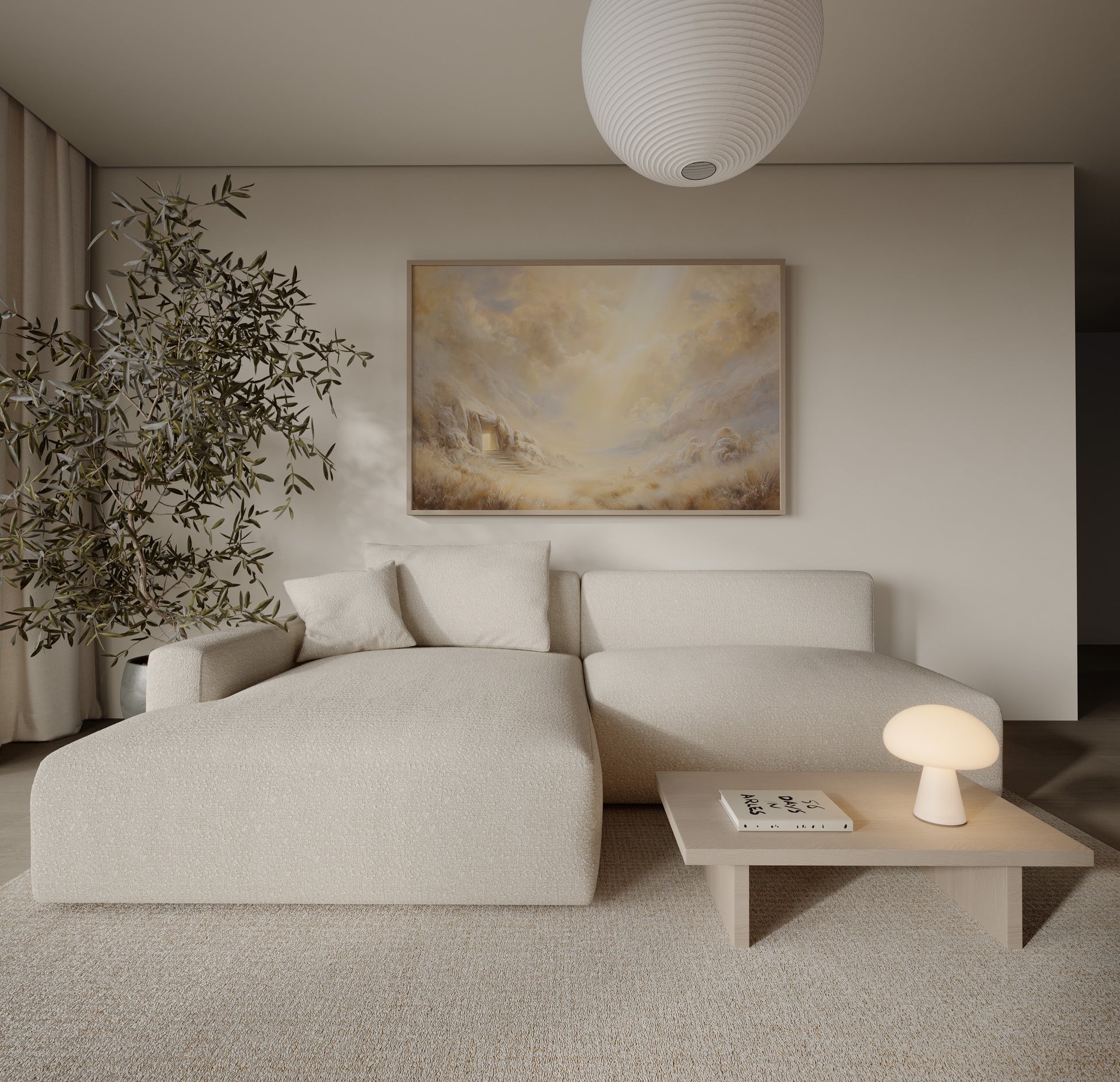 Minimalist spiritual painting of Jesus in the tomb, using muted tonal colors, soft impressionist textures, and luminous sacred atmosphere.