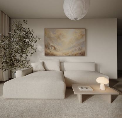 Minimalist spiritual painting of Jesus in the tomb, using muted tonal colors, soft impressionist textures, and luminous sacred atmosphere.