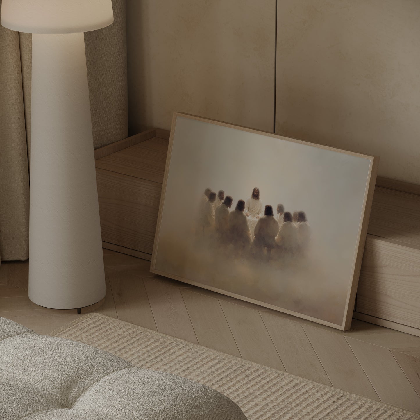 Modern sacred art portraying Jesus at the Last Supper, with impressionist brushwork, radiant light, and a sense of timeless devotion.