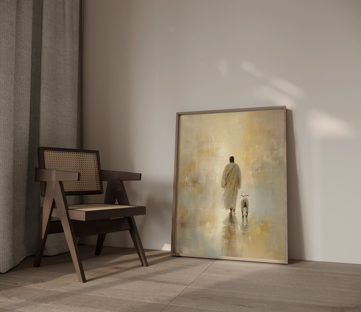 Christian wall art depicting Jesus leaving the ninety-nine to find the one lost lamb