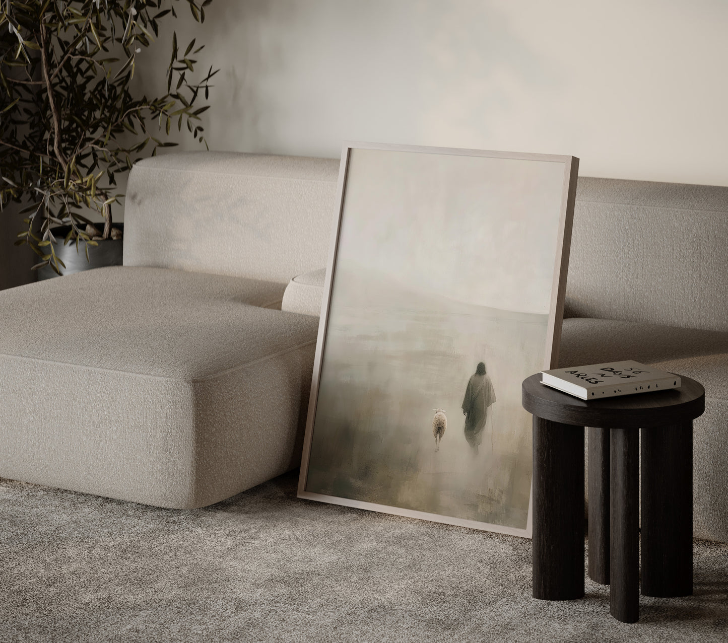 Modern impressionist painting of Jesus leaving the 99 to carry a lamb, with visible brush strokes, soft edges, and a calm, divine presence.