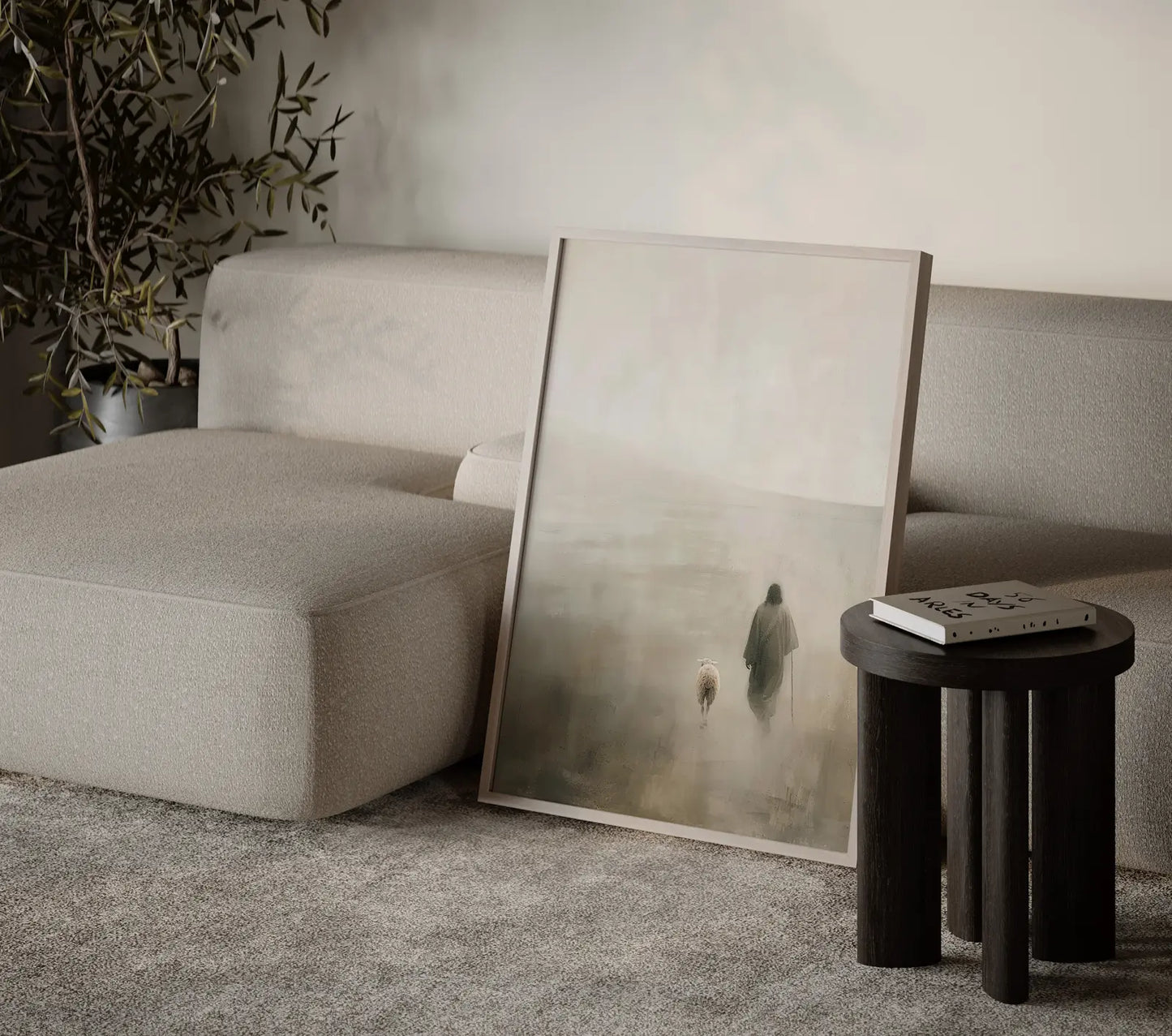 Peaceful and calming religious wall art depicting Jesus and a lamb in a foggy landscape