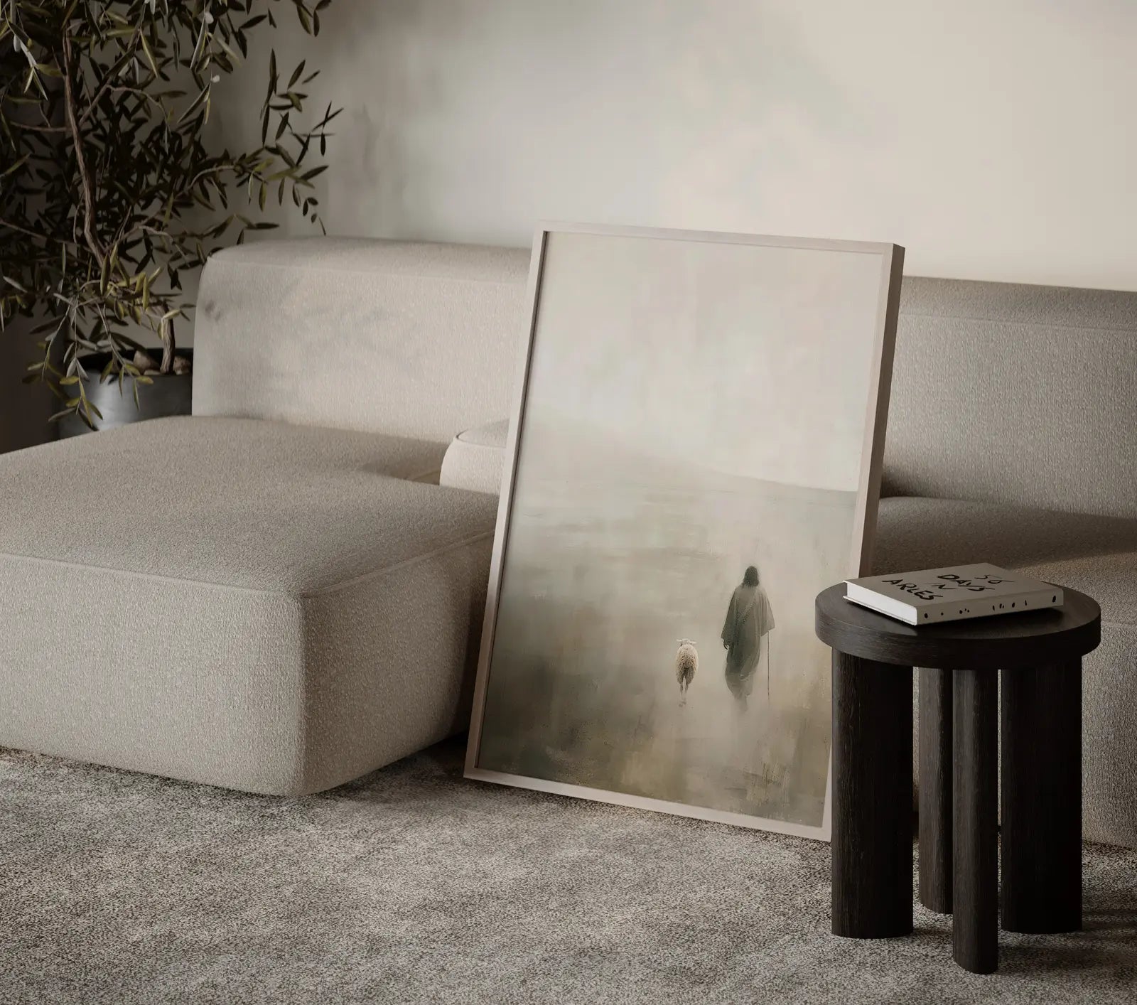 Peaceful and calming religious wall art depicting Jesus and a lamb in a foggy landscape