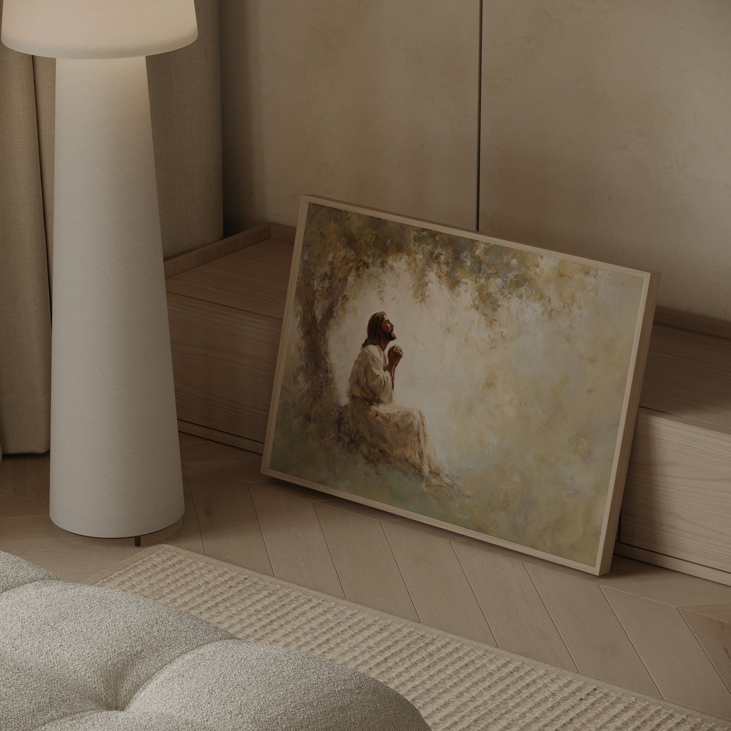 Impressionist painting of Jesus in meditative prayer under a tree, featuring expressive brushwork and a tranquil spiritual tone.