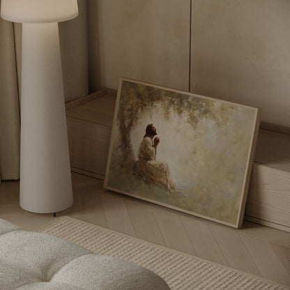 Impressionist painting of Jesus in meditative prayer under a tree, featuring expressive brushwork and a tranquil spiritual tone.