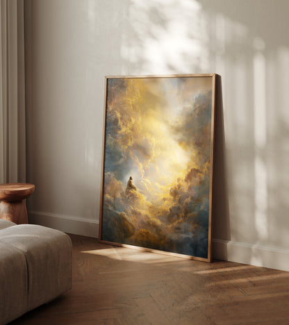 Celestial modern sacred art portraying Jesus seated on a cloud, blending soft gold hues, atmospheric mist, and an expression of deep inner calm.