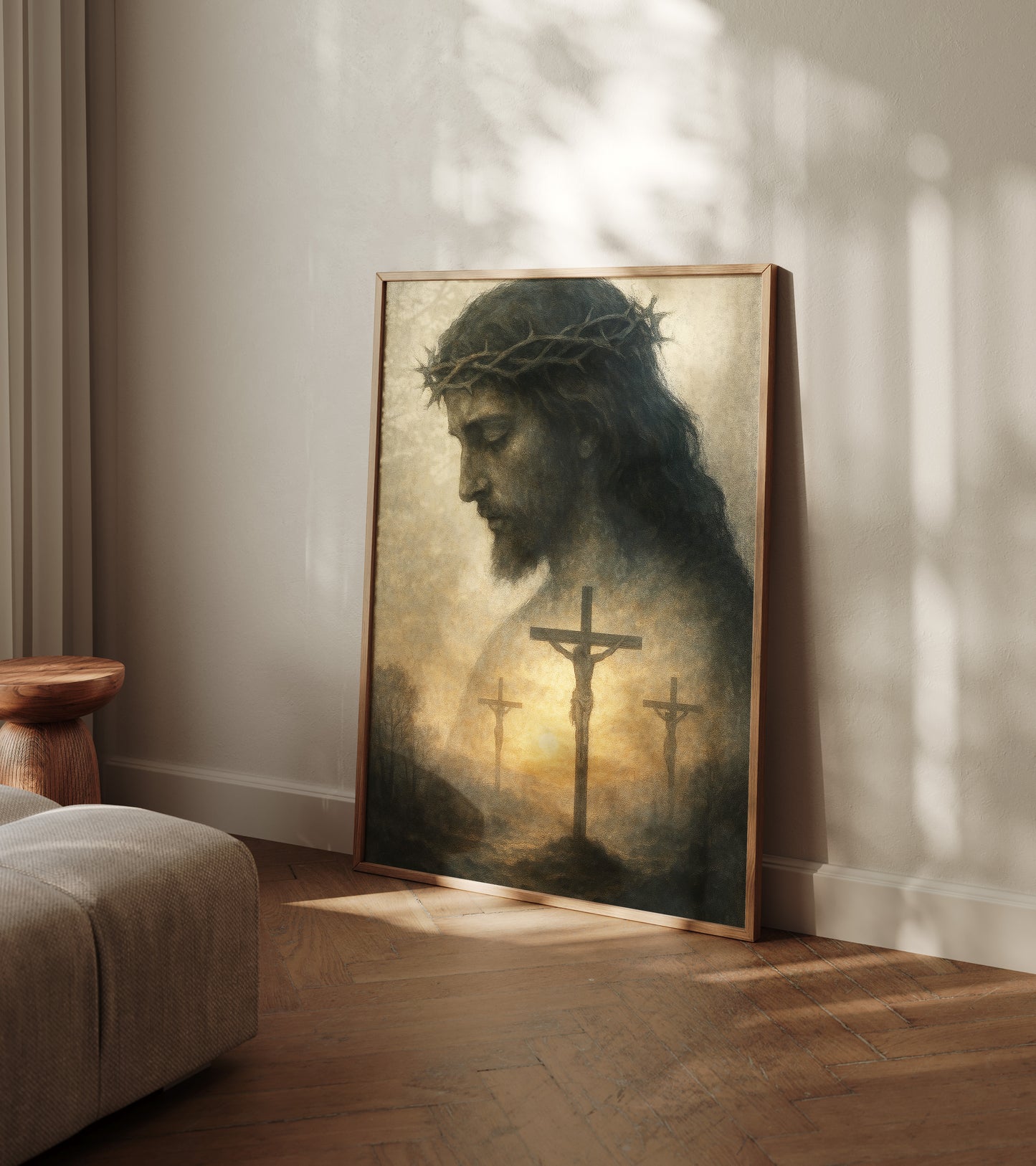 Spiritual Christian impressionist artwork showing Jesus on the cross, with textured brushwork, soft golden light, and a reverent, emotional tone.
