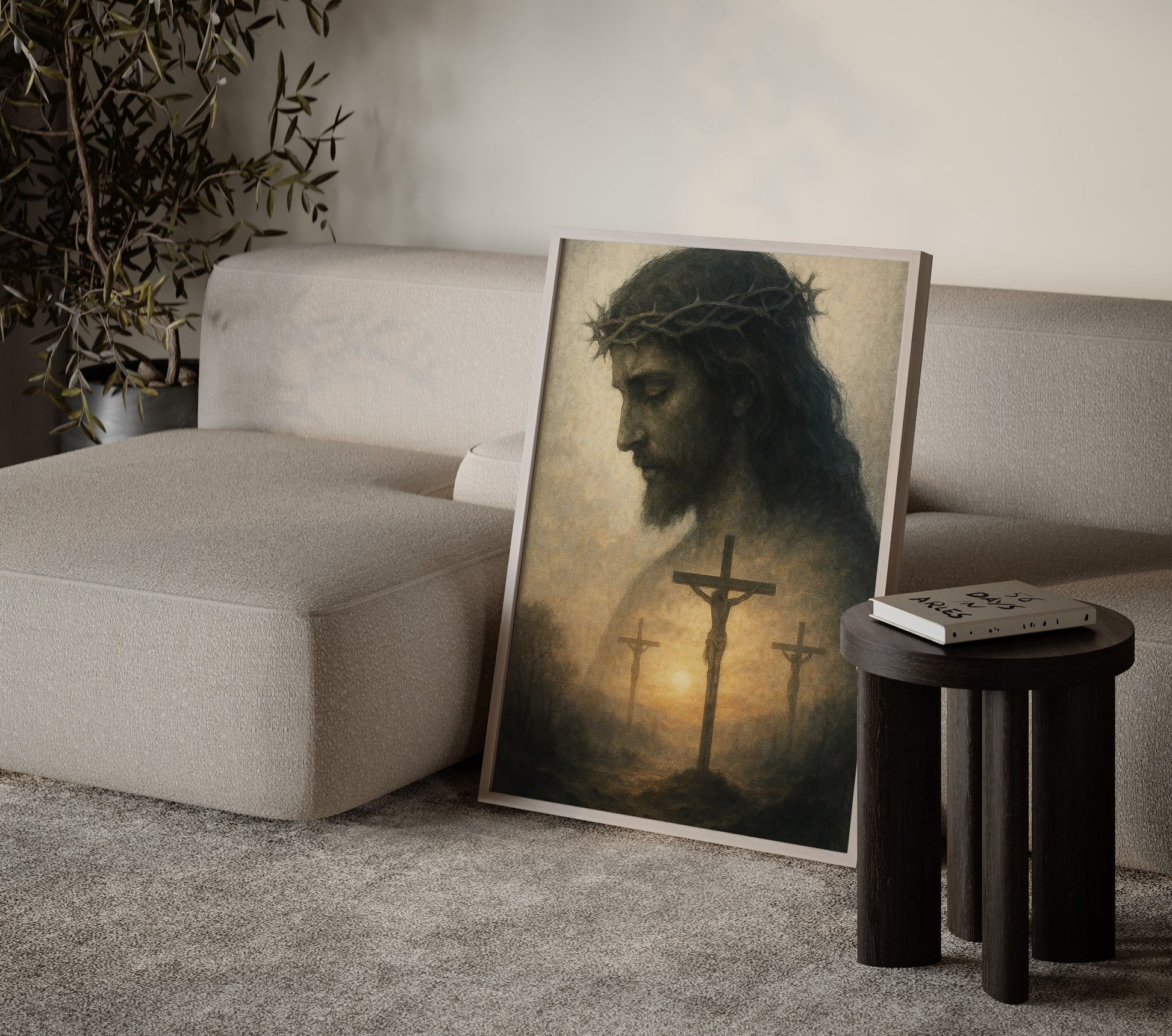 Tonal Christian wall art showing Jesus on the cross, with muted golds and browns, atmospheric light, and a reflective, reverent atmosphere.