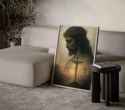 Tonal Christian wall art showing Jesus on the cross, with muted golds and browns, atmospheric light, and a reflective, reverent atmosphere.