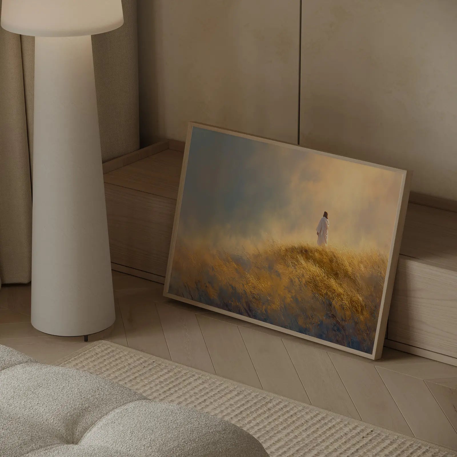 Jesus walking in a golden wheat field art print with soft impressionist tones styled in a contemporary Scandinavian interior