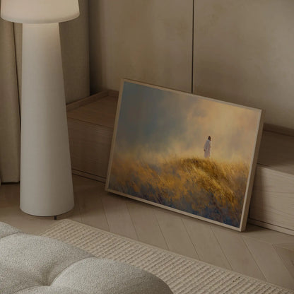 Jesus walking in a golden wheat field art print with soft impressionist tones styled in a contemporary Scandinavian interior