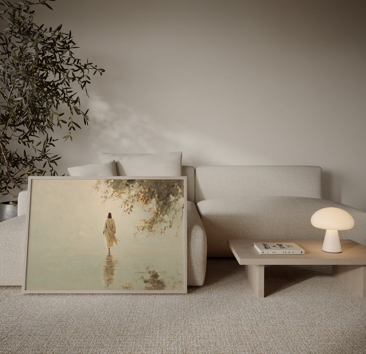 Modern impressionist artwork of Jesus walking on the sea, with muted warm palette, soft textures, and serene ethereal light.