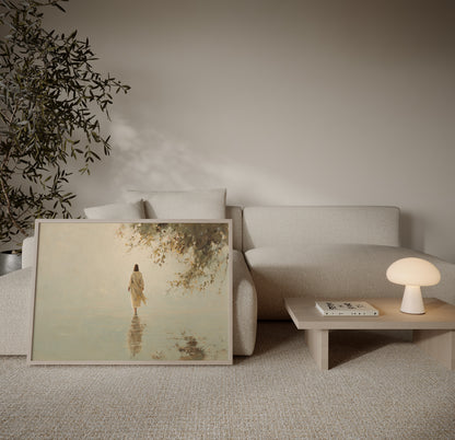 Modern impressionist artwork of Jesus walking on the sea, with muted warm palette, soft textures, and serene ethereal light.