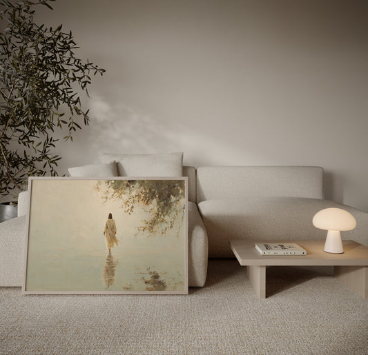 Modern impressionist artwork of Jesus walking on the sea, with muted warm palette, soft textures, and serene ethereal light.