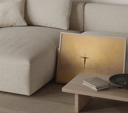 Christian art print portraying Jesus on the cross in warm gold tones with a tranquil, reverent mood