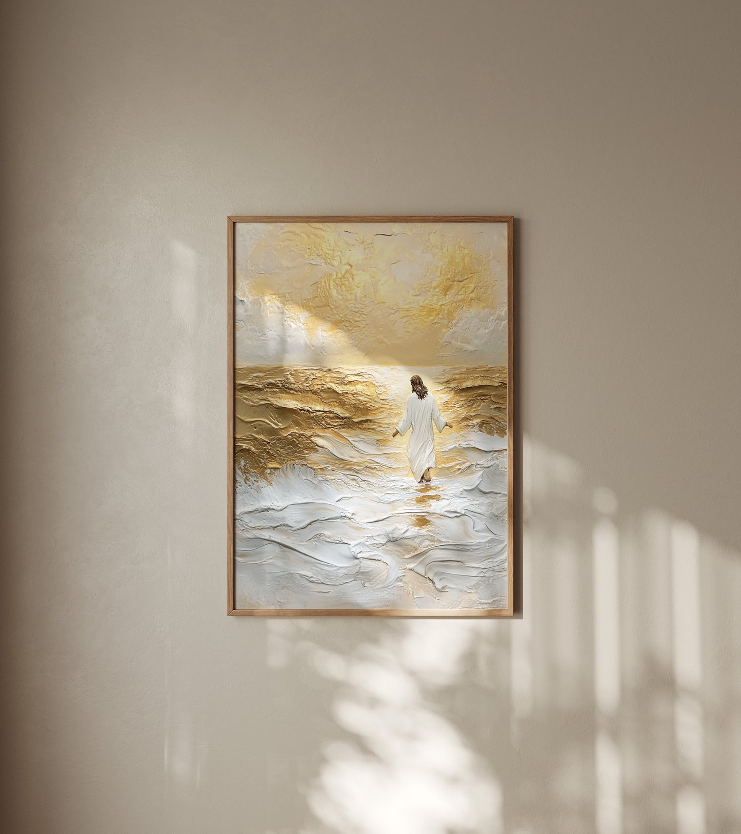Ethereal Christian painting of Jesus walking on water, featuring muted tonal colors, impressionist textures, and glowing spiritual presence.
