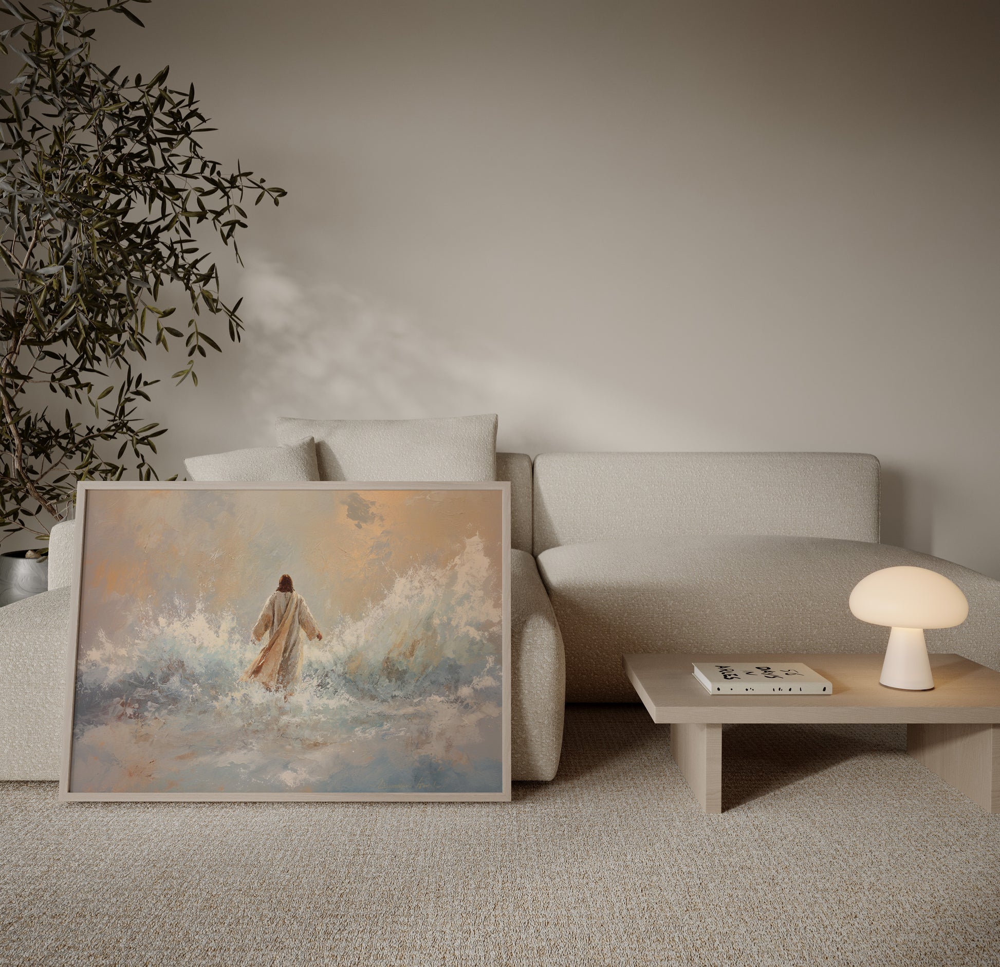 Modern spiritual painting of Jesus walking on water, featuring impressionist brushstrokes, muted tonal palette, and luminous divine light.