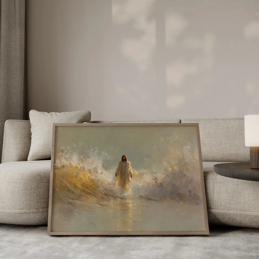 The Lord of the Sea Jesus commanding dramatic golden waves wall art – JesusArtworks