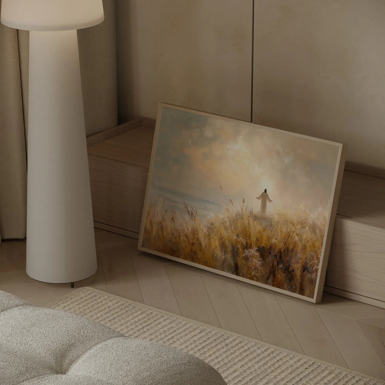Jesus arms open by the ocean art print with warm golden tones and wheat grass styled in a contemporary Scandinavian interior