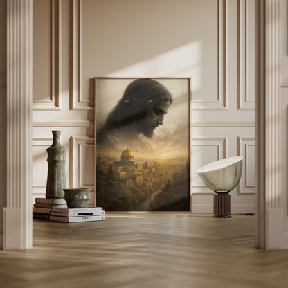 Spiritual Christian painting of Jesus overlooking the city of Jerusalem, featuring a warm tonal palette and a dreamy, sacred horizon.