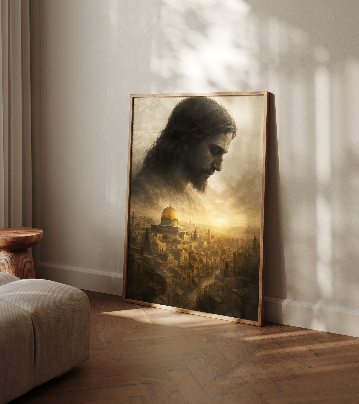 Spiritual realism painting depicting Jesus overlooking Jerusalem, featuring a sacred sunset, atmospheric depth, and a serene, hopeful mood.