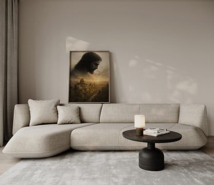 Modern Christian painting of Jesus overlooking New Jerusalem, with misty light, symbolic landscapes, and an atmosphere of spiritual reflection.