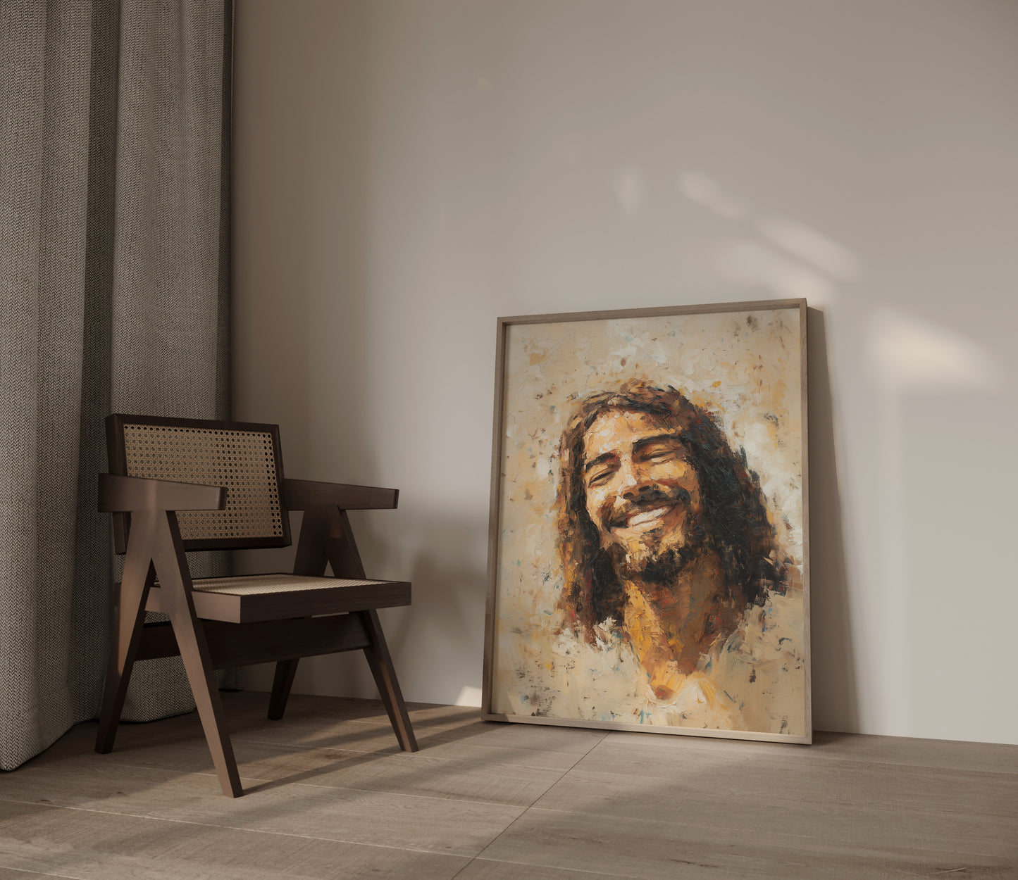 Spiritual impressionist portrait of Jesus with a gentle smile, created with bold brushstrokes, soft light, and a sense of human warmth.