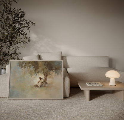 Christian art print showing Jesus in meditation and prayer under a tree, using warm, muted colors and atmospheric lighting.