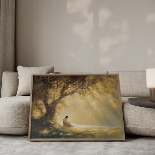 Christian wall art of Jesus in quiet prayer beneath a tree, emphasizing solitude, spiritual reflection, and gentle tonal lighting.