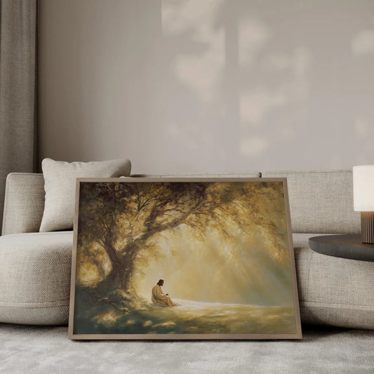 Jesus Teacher sitting under golden tree in quiet reflection Christian wall art – JesusArtworks