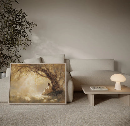 Christian prayer room wall art featuring Jesus sitting under ancient tree – The Quiet Prayer museum-quality print