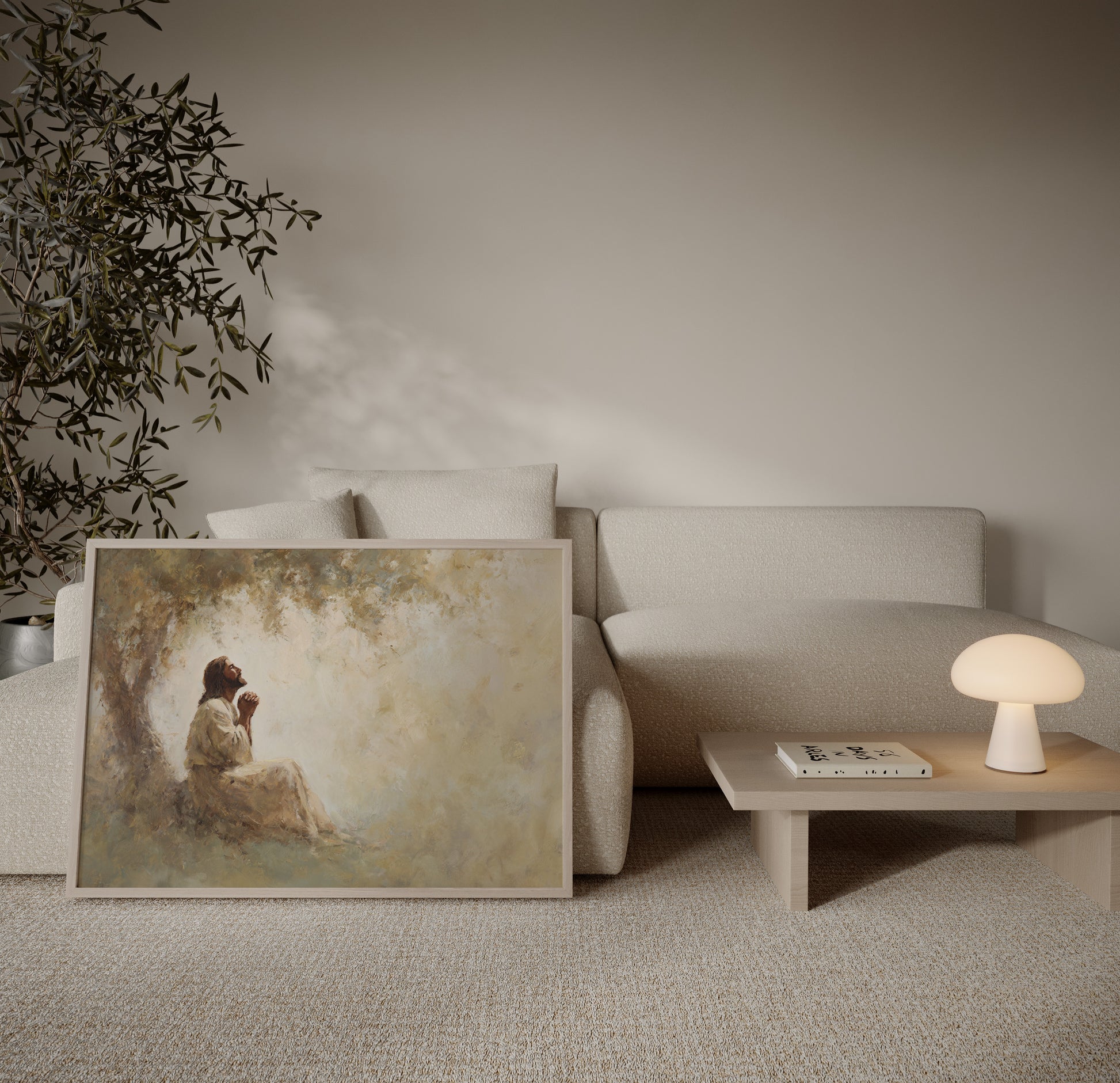Tonalist Christian wall decor showing Jesus in prayer under a tree, with soft textures, muted colors, and a sacred atmosphere.