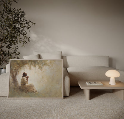 Tonalist Christian wall decor showing Jesus in prayer under a tree, with soft textures, muted colors, and a sacred atmosphere.
