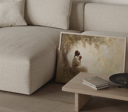 Jesus praying beneath a shaded tree in a modern Christian painting, with soft brushstrokes and warm, peaceful tones.