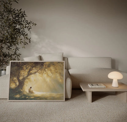 Painting of contemplative Christian art depicting Jesus as master teacher in peaceful solitude