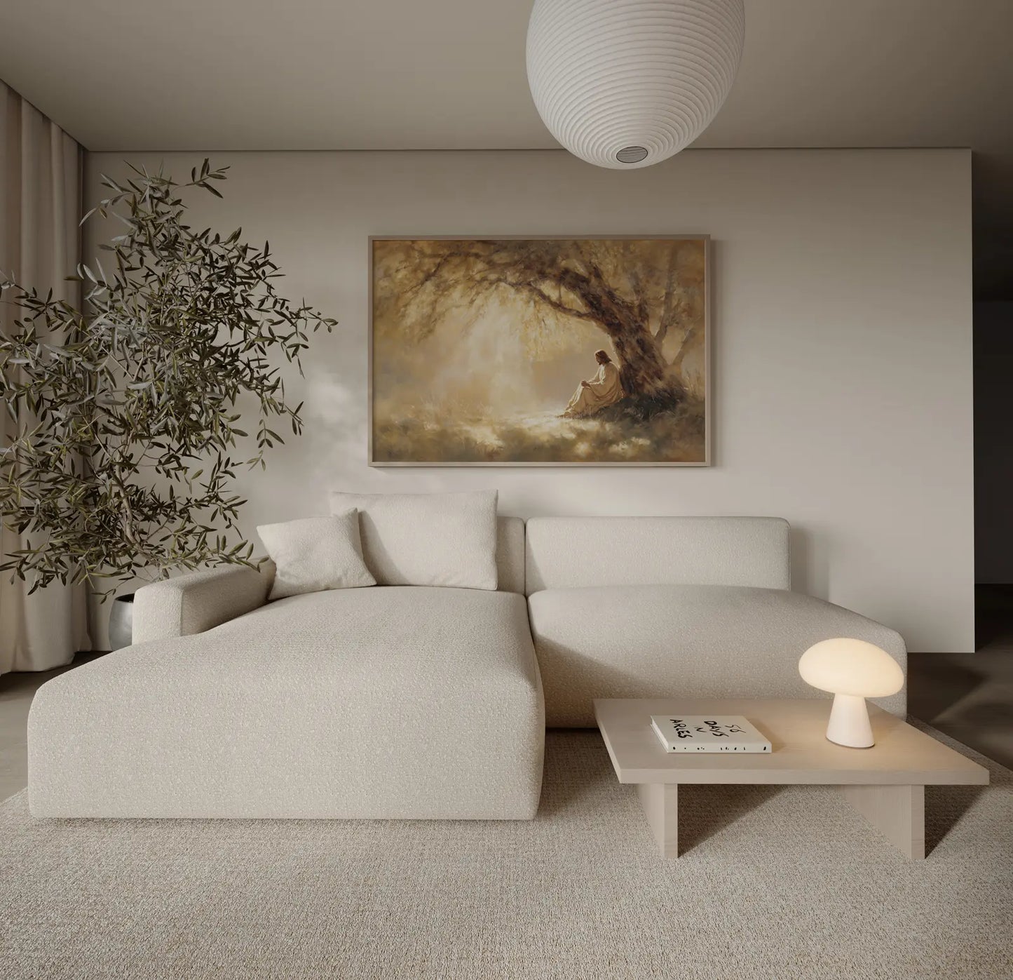 Jesus praying wall art print hung in minimalist bedroom – warm golden tones with atmospheric light by JesusArtworks