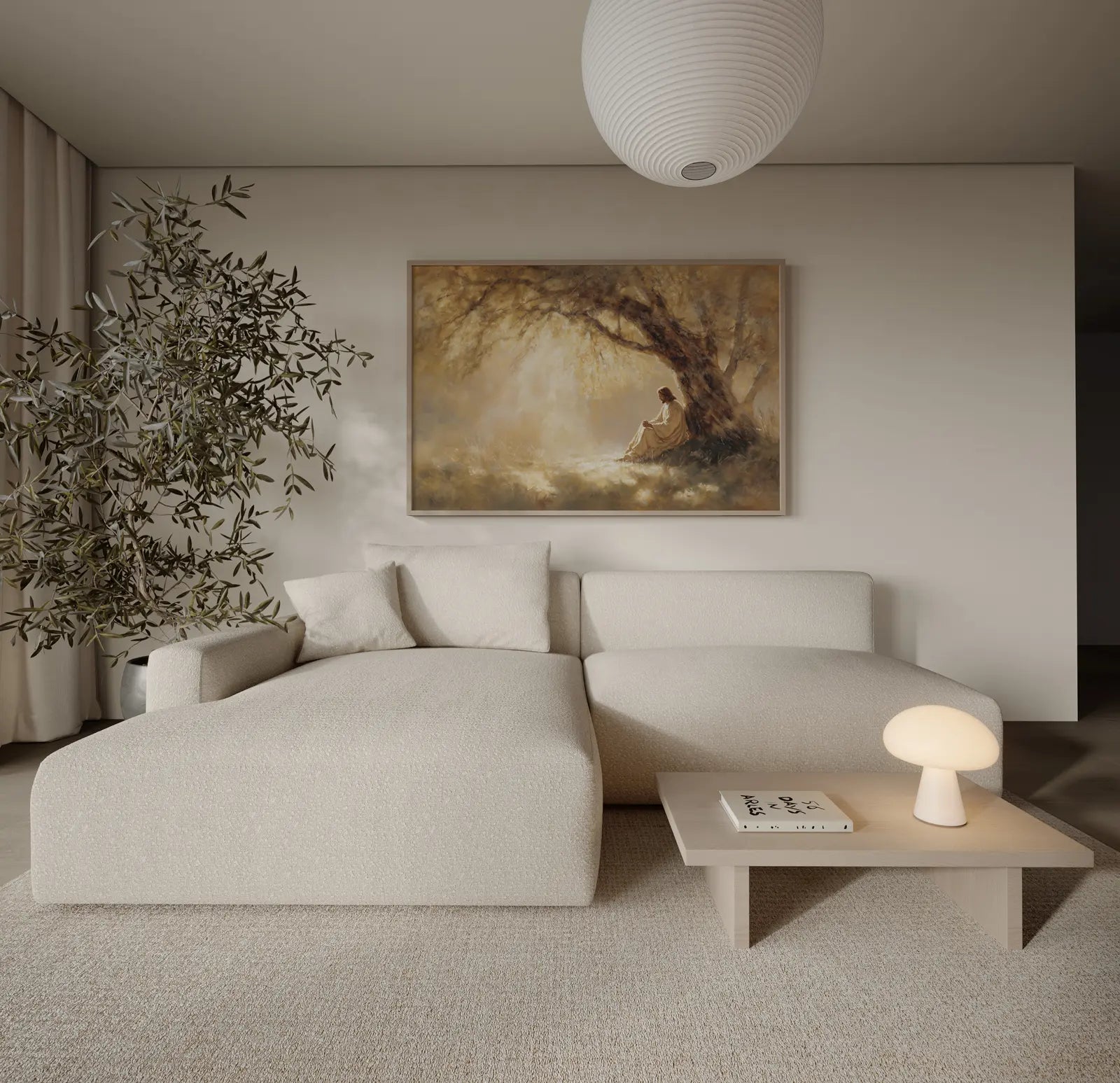 Jesus praying wall art print hung in minimalist bedroom – warm golden tones with atmospheric light by JesusArtworks
