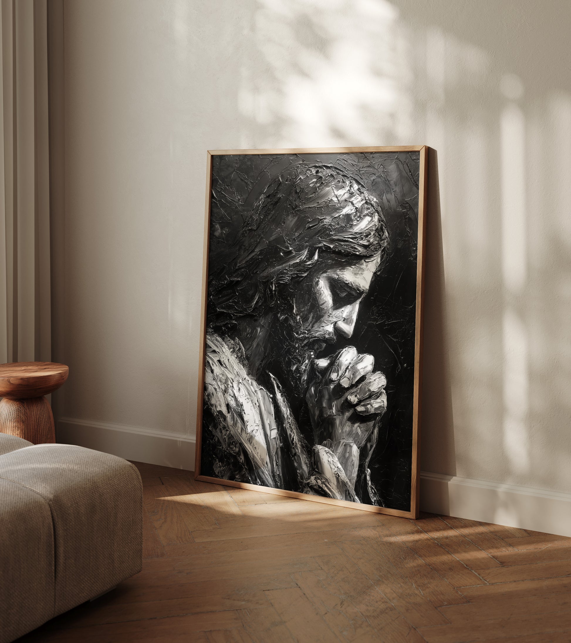 Sacred modern artwork of Jesus praying, featuring 3D impasto texture, deep shadows, and expressive brushwork emphasizing inner devotion and reflection.