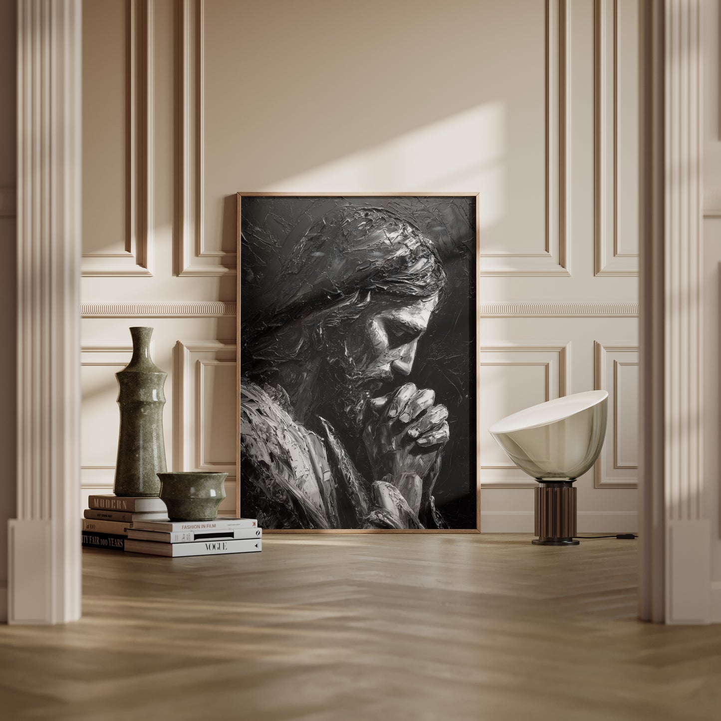 Modern minimalist sacred painting of Jesus sitting in prayer, rendered in monochromatic tones with textured impasto and dramatic lighting for a contemplative scene.
