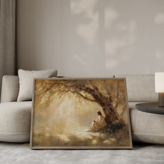 Tonalist wall art depicting Jesus praying under a tree in nature, with a soft, atmospheric background and peaceful, spiritual mood.