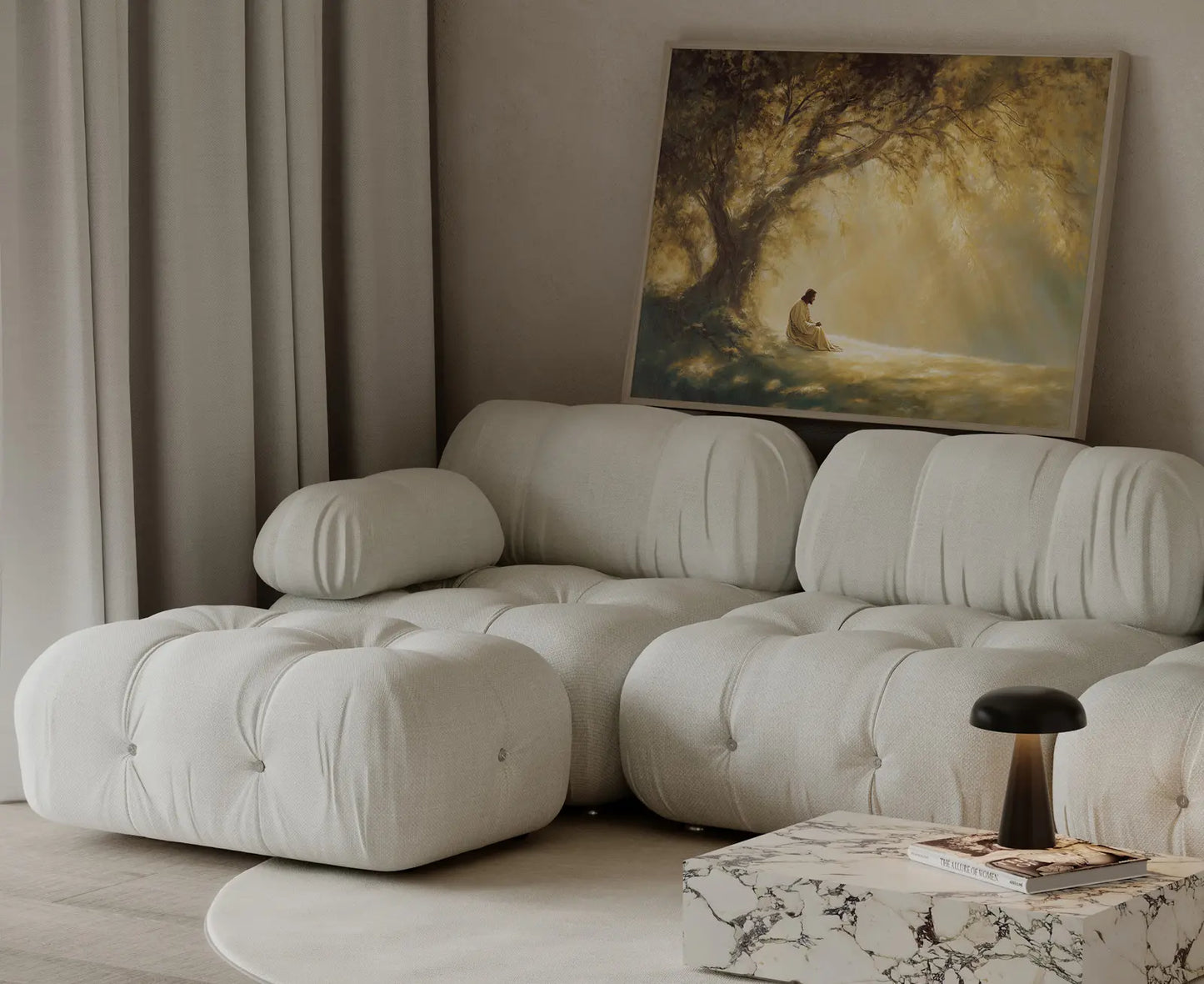 Serene Jesus sitting in nature with golden tones perfect for prayer room or bedroom