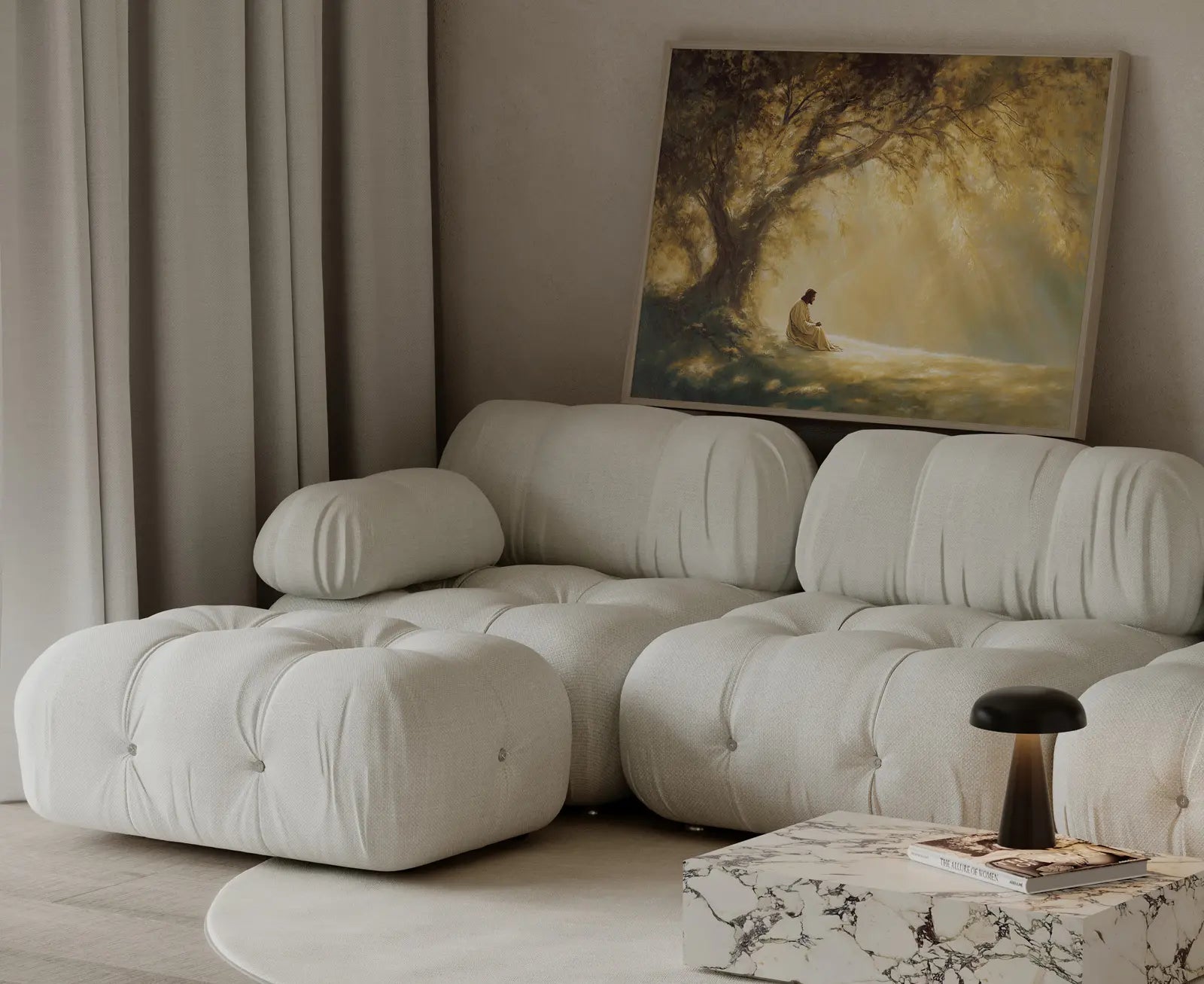 Serene Jesus sitting in nature with golden tones perfect for prayer room or bedroom