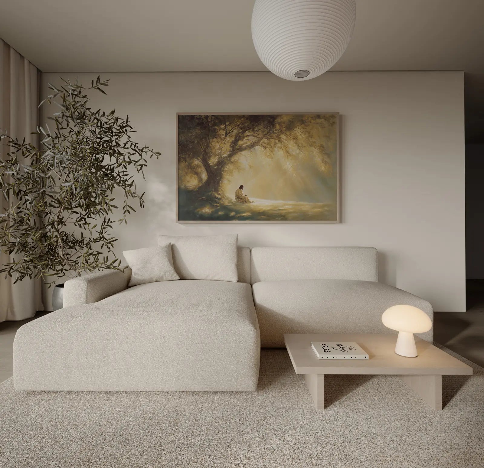Peaceful Jesus Christ praying under ancient tree with warm light filtering through branches - modern minimalist christian home