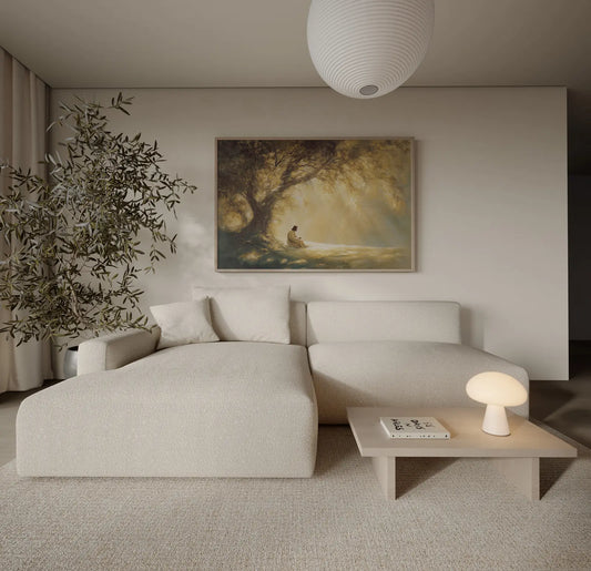 Peaceful Jesus Christ praying under ancient tree with warm light filtering through branches - modern minimalist christian home