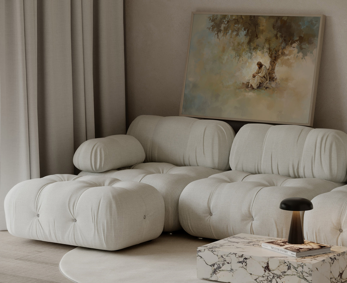 Modern Christian wall art depicting Jesus praying under a tree, with a tranquil mood and expressive, impressionist brushwork.