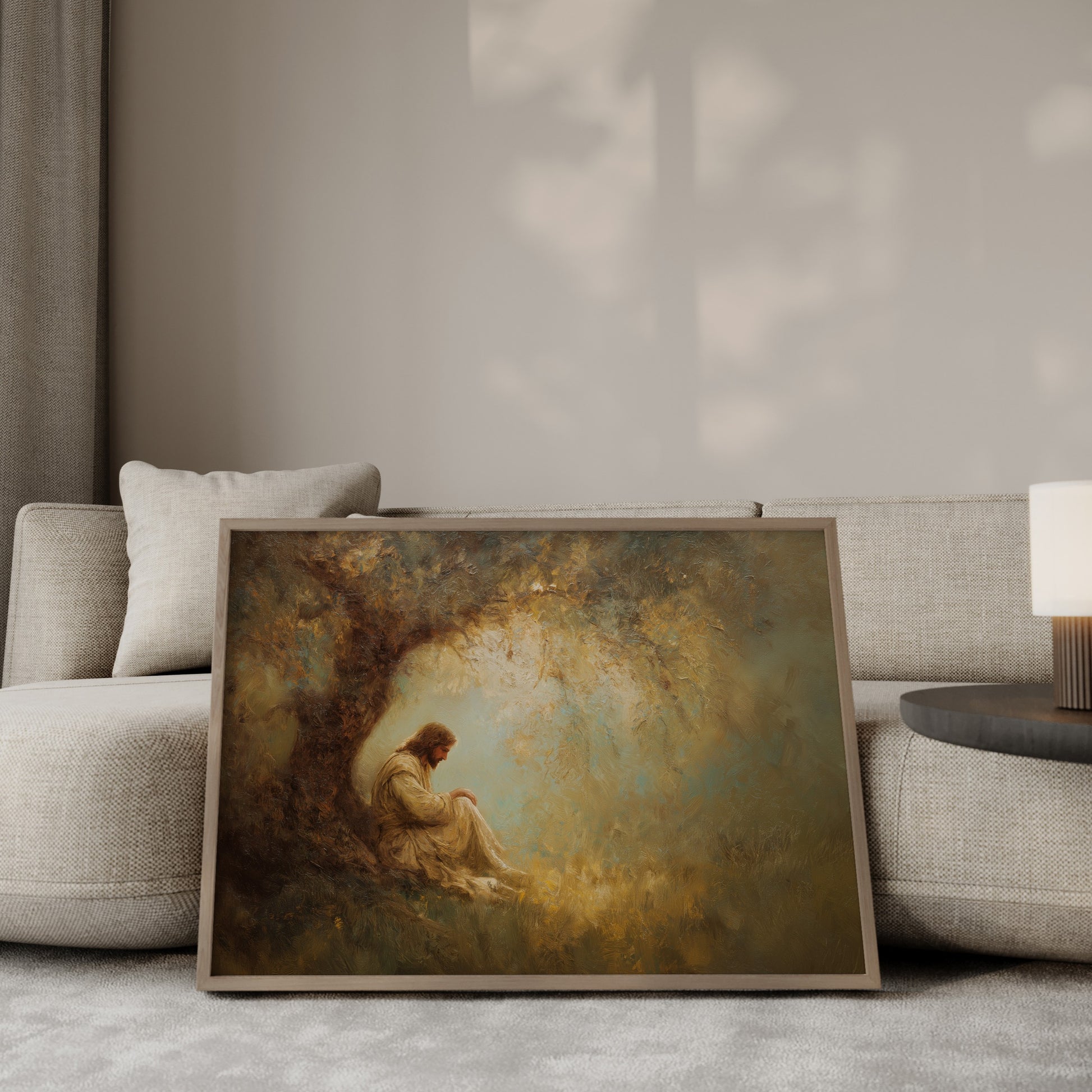 Jesus praying under a tree in golden light – Christian wall art print by JesusArtworks